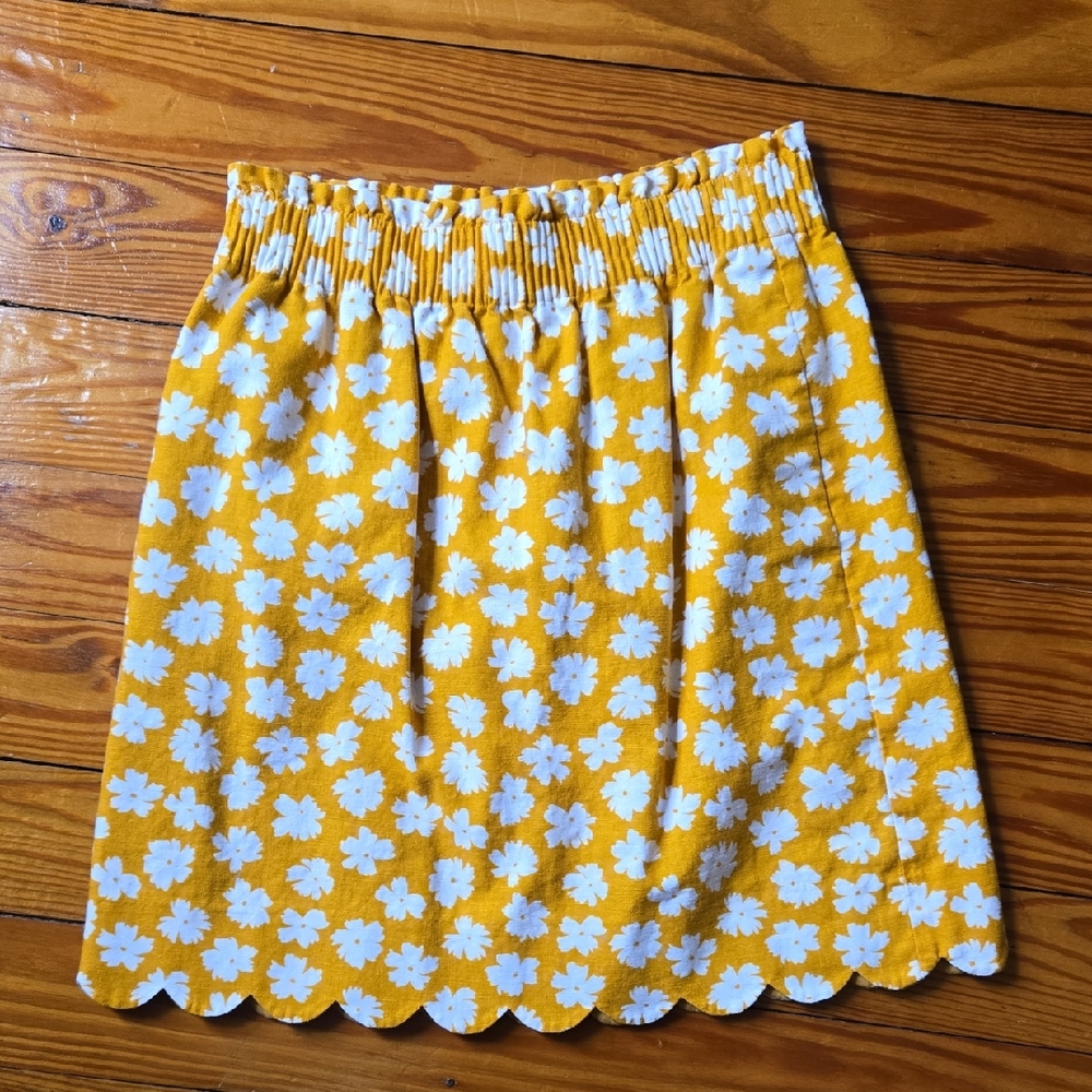 J. Crew Yellow Floral Smocked Mini Skirt with Scallop Hem